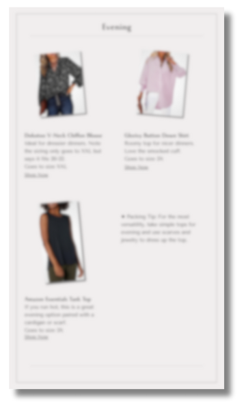 Free Guide: Curvy Paris Capsule Wardrobe - Evening Tops Blurred images of items in Free Guide: Curvy Paris Capsule Wardrobe